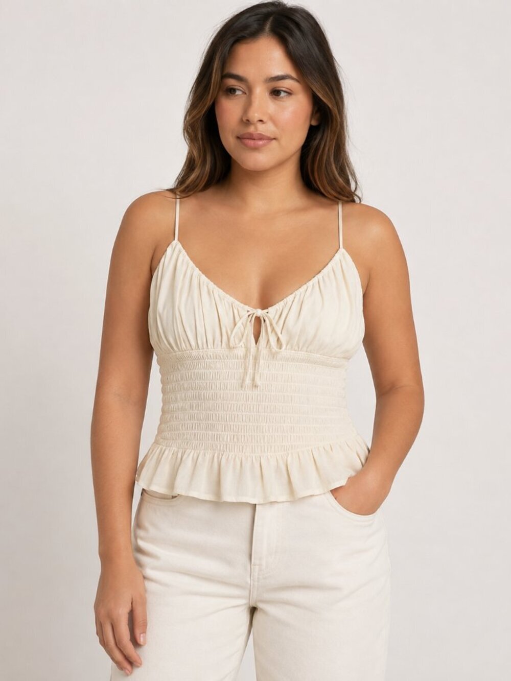 One Clothing Cream Bustier Cami Top Size L Smocked Ruffle Y2K Boho Cottagecore